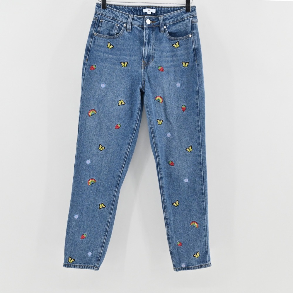 BP High‎ Rise Embroidered Mom Jeans Womens Size 27 Blue Playful Cotton Denim